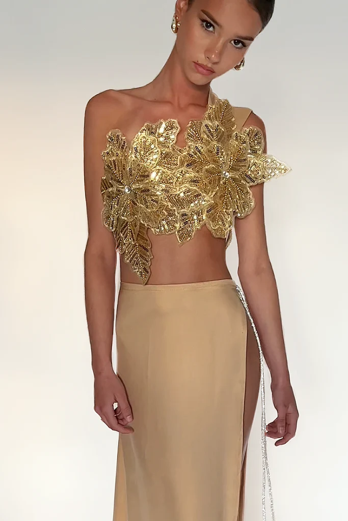 Radiant Gold Floral Sequin Asymmetric Crop Top