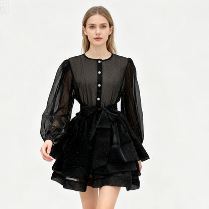 Shimmering Tiered Mini Dress with Button-Front Detail