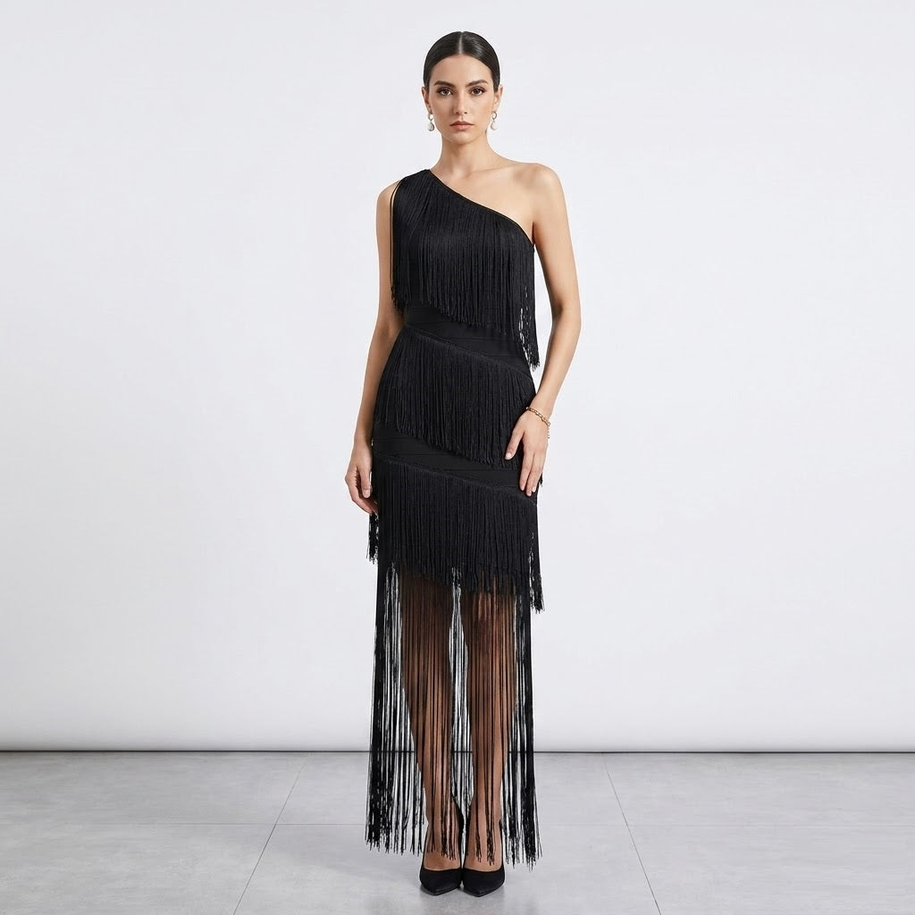 Statement Black Fringe Party Dress with Sheer Hem