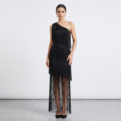 Statement Black Fringe Party Dress with Sheer Hem