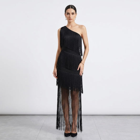 Statement Black Fringe Party Dress with Sheer Hem