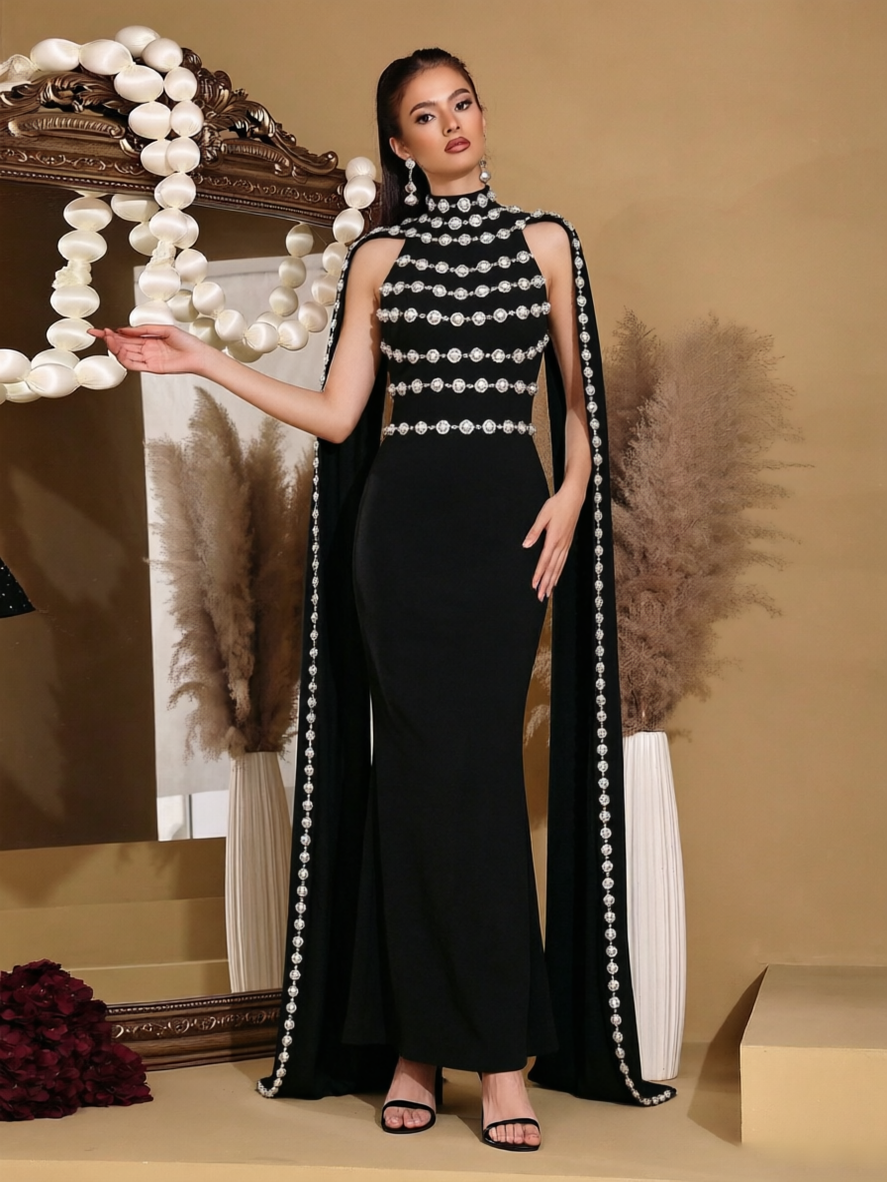 Elegant Black Floor-Length Gown with Beaded Cape Detail