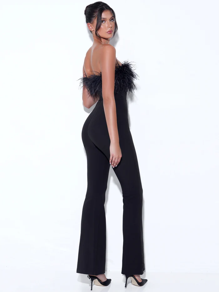 Noir Elegance Strapless Feather Flared Jumpsuit