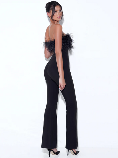 Noir Elegance Strapless Feather Flared Jumpsuit