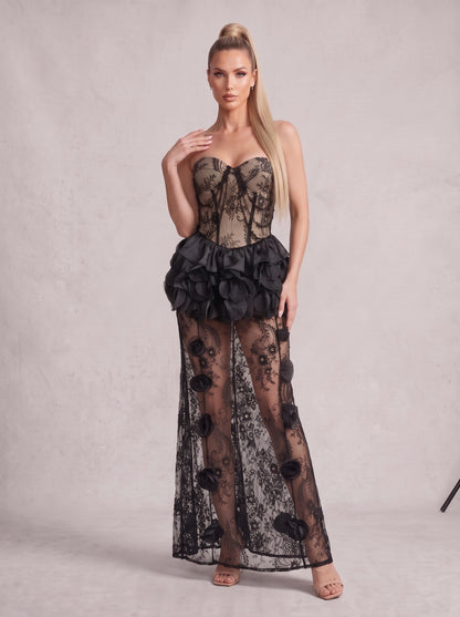 Dark Romance Sheer Lace Gown with 3D Rosettes
