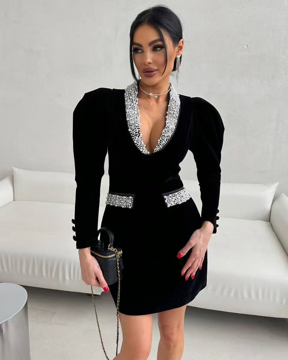 Glamorous Long-Sleeve Noir Dress with Pearl Trim