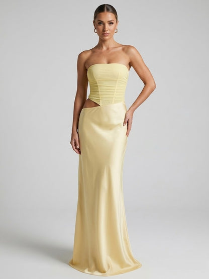 Strapless Ruched Corset Satin Maxi Dress - Pale Yellow