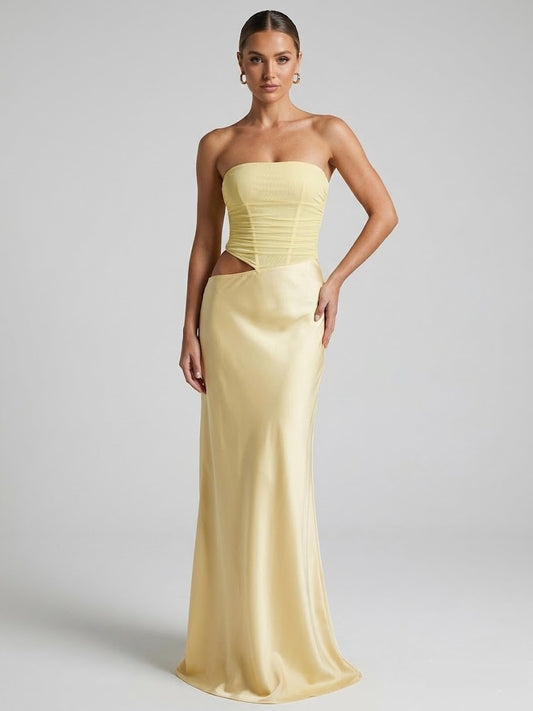 Strapless Ruched Corset Satin Maxi Dress - Pale Yellow