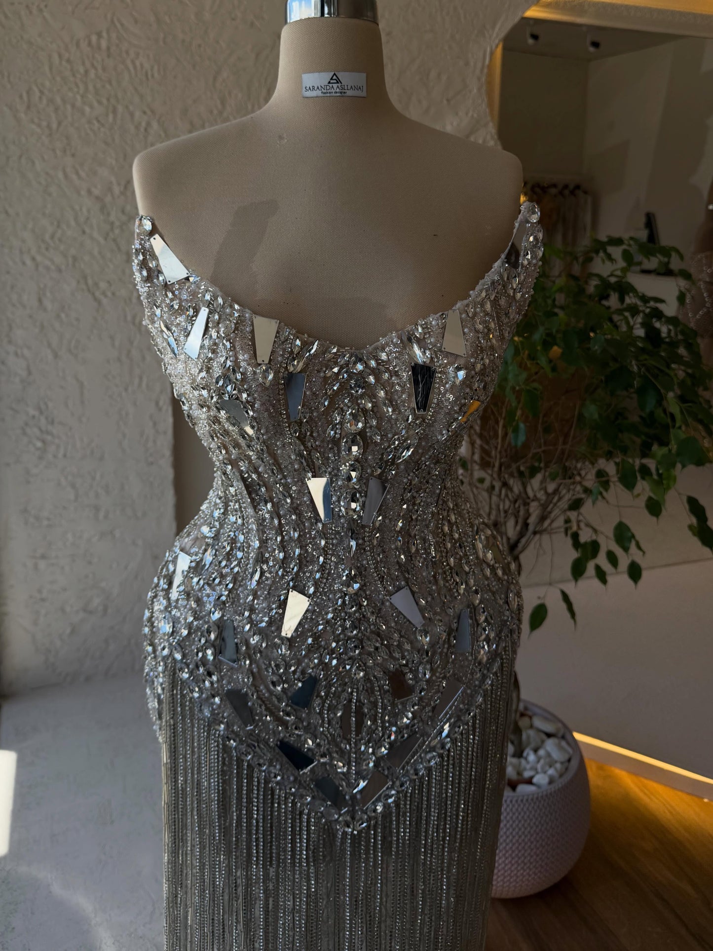 Mirrored Crystal & Beaded Fringe Corset Gown - Silver