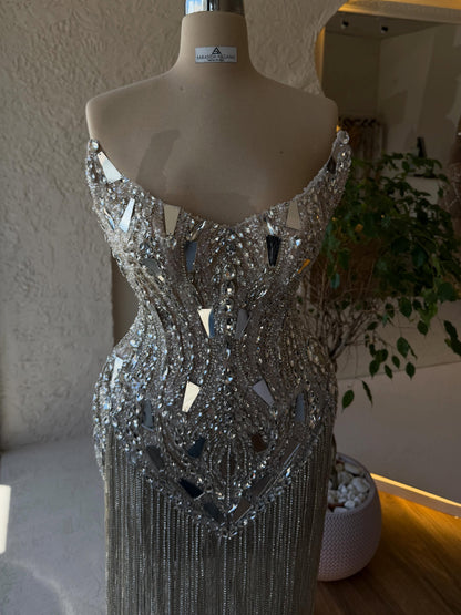 Mirrored Crystal & Beaded Fringe Corset Gown - Silver