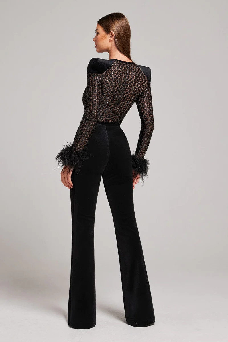 Midnight Glamour Sequin & Velvet Jumpsuit with Feather Cuffs
