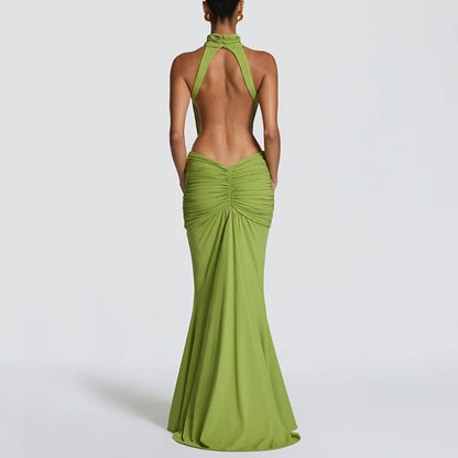 Elegant High-Neck Cutout Ruched Maxi Dress - Lime Green