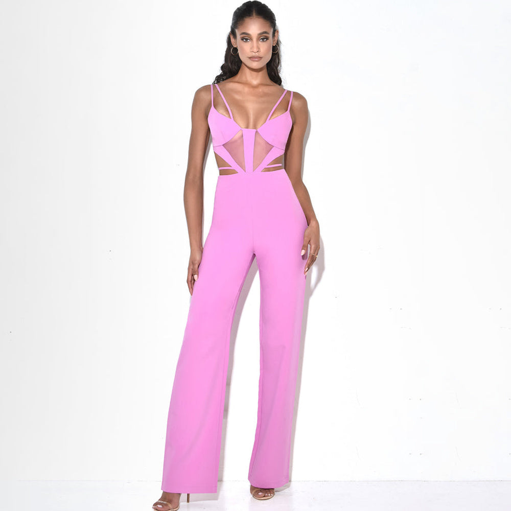 Vibrant Pink Mesh Cutout Wide-Leg Jumpsuit