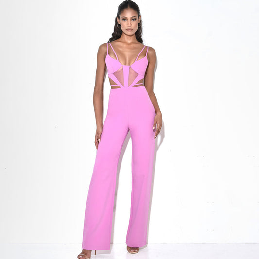 Vibrant Pink Mesh Cutout Wide-Leg Jumpsuit