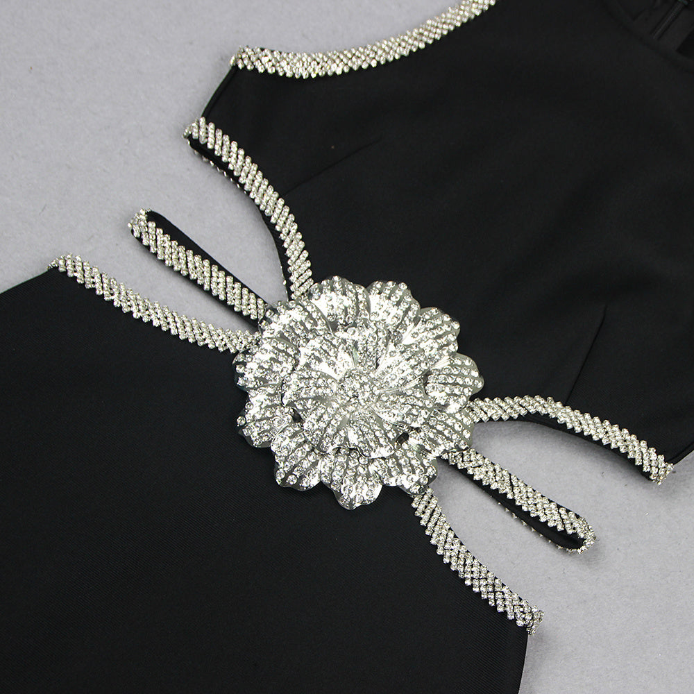 Obsidian Crystal Rosette Cutout Mini Dress