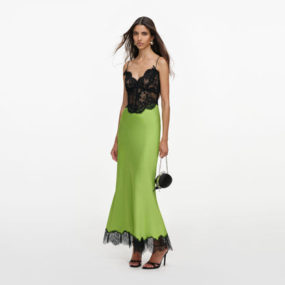 Lime Green Satin & Black Lace Lingerie-Inspired Slip Dress