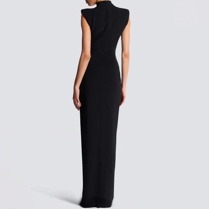 Architectural Strong-Shoulder Zip Column Gown - Onyx Black