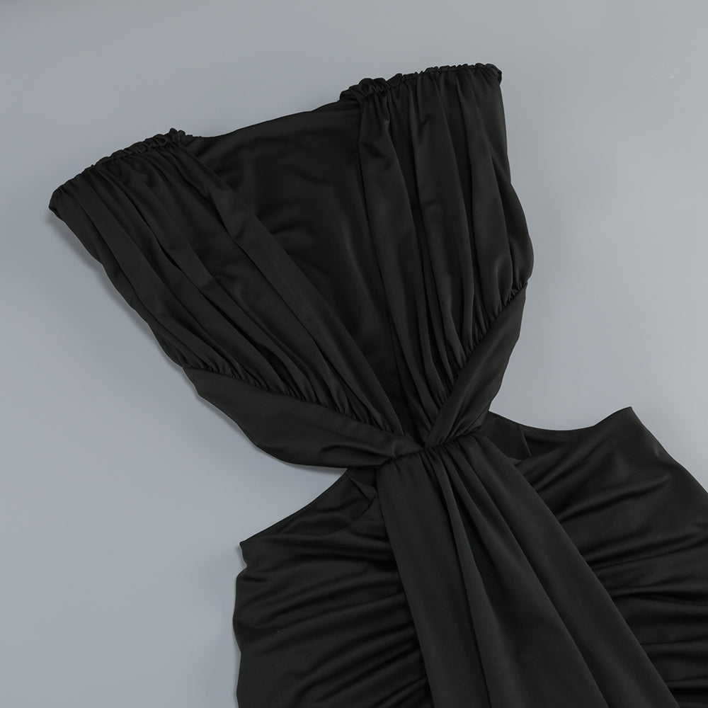 Plunging V-Neck Cutout Ruched Evening Gown - Black