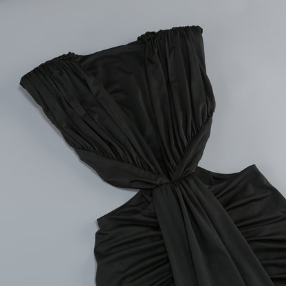 Plunging V-Neck Cutout Ruched Evening Gown - Black
