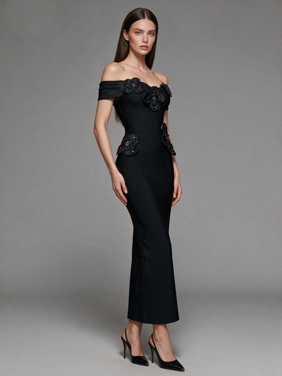 Sculptural 3D Floral Appliqué Off-The-Shoulder Column Gown - Onyx Black