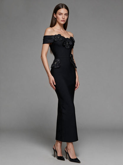 Sculptural 3D Floral Appliqué Off-The-Shoulder Column Gown - Onyx Black