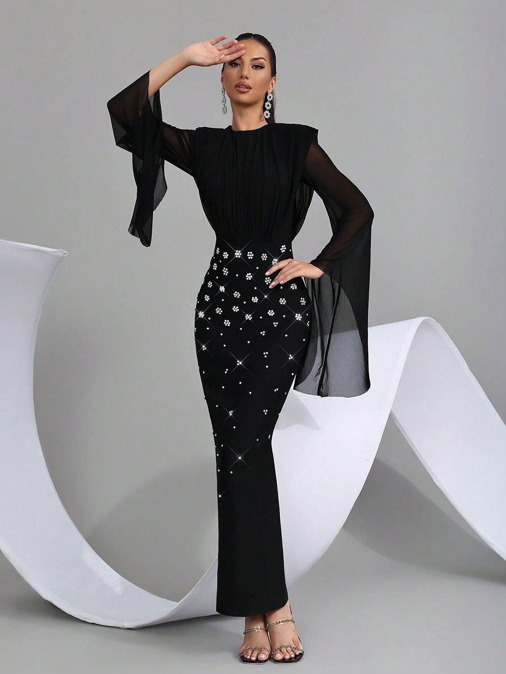 Midnight Starlight Crystal Sheer Sleeve Gown