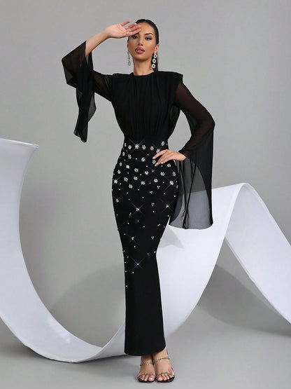 Midnight Starlight Crystal Sheer Sleeve Gown