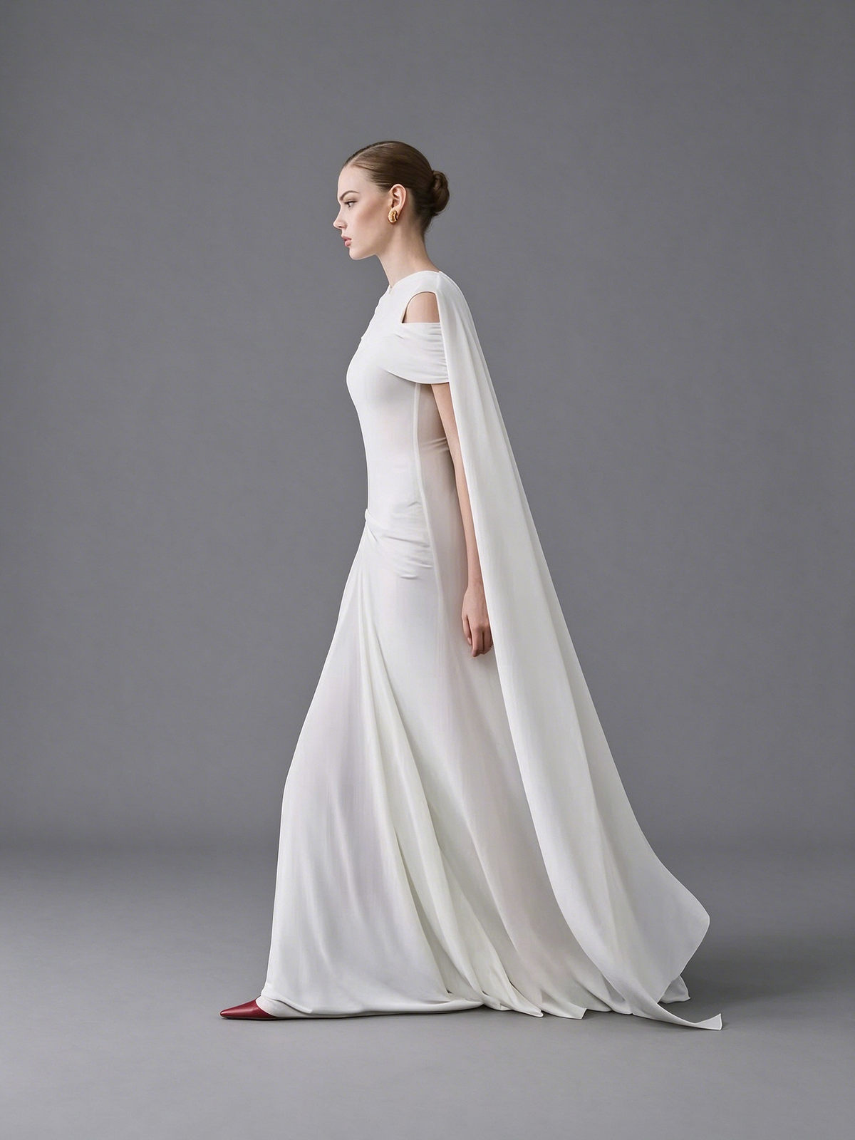 Asymmetrical Draped Cape Column Gown - Pristine White