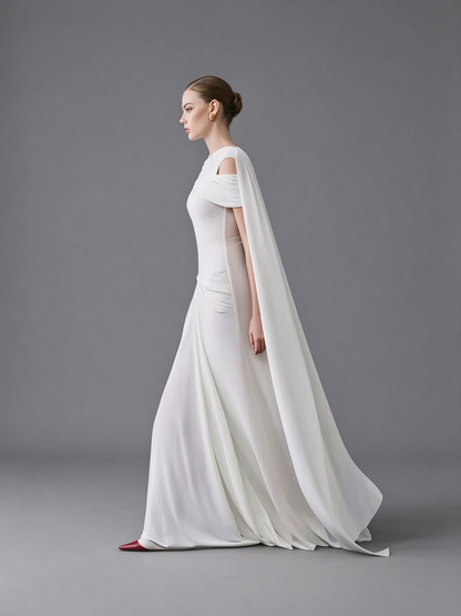 Asymmetrical Draped Cape Column Gown - Pristine White