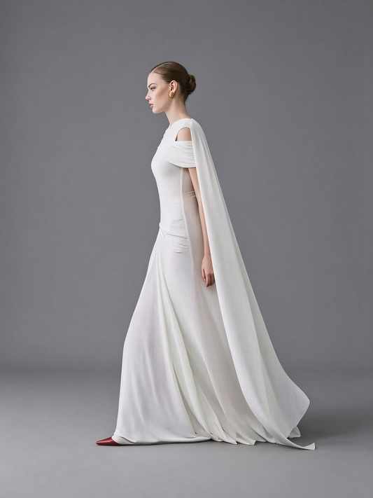 Asymmetrical Draped Cape Column Gown - Pristine White