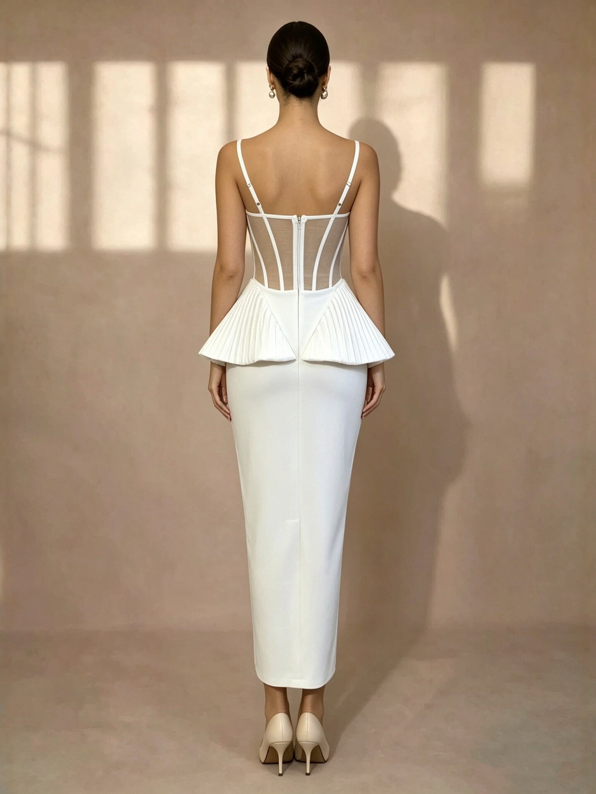 Architectural Pleated Corset Peplum Dress - Pristine White