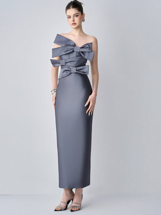 Elegant One-Shoulder Bow Detail Maxi Dress – Women's Formal Evening Gown