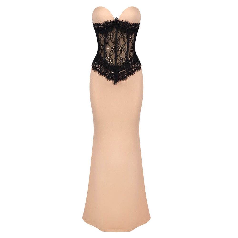 Genevieve Strapless Corset Gown in Nude and Black Lace