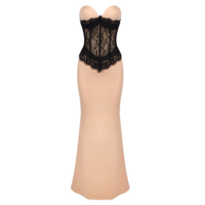 Genevieve Strapless Corset Gown in Nude and Black Lace