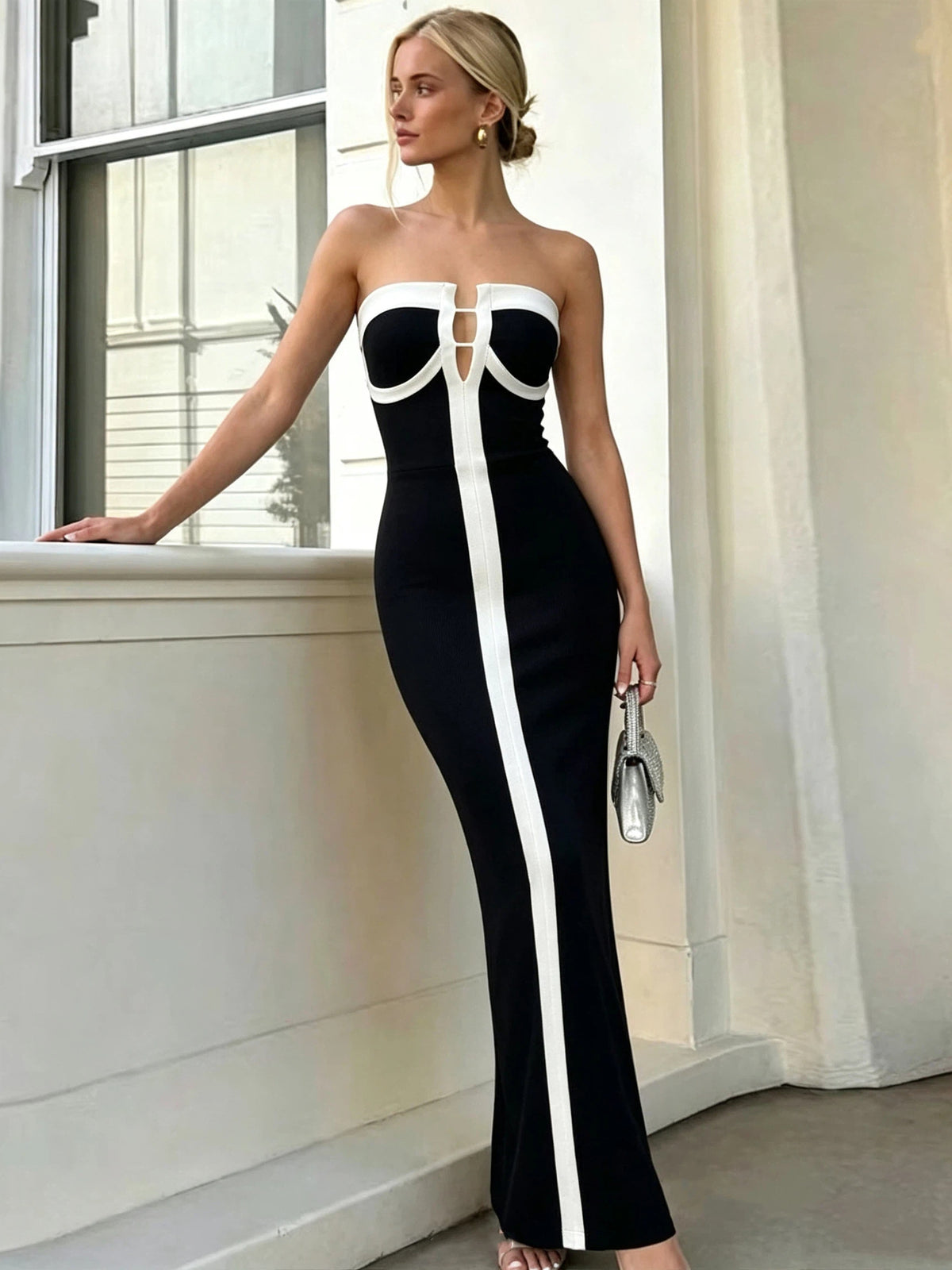 Black and White Strapless Bodycon Evening Gown