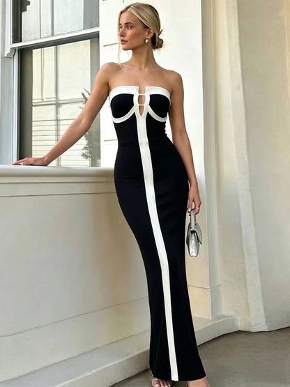 Black and White Strapless Bodycon Evening Gown