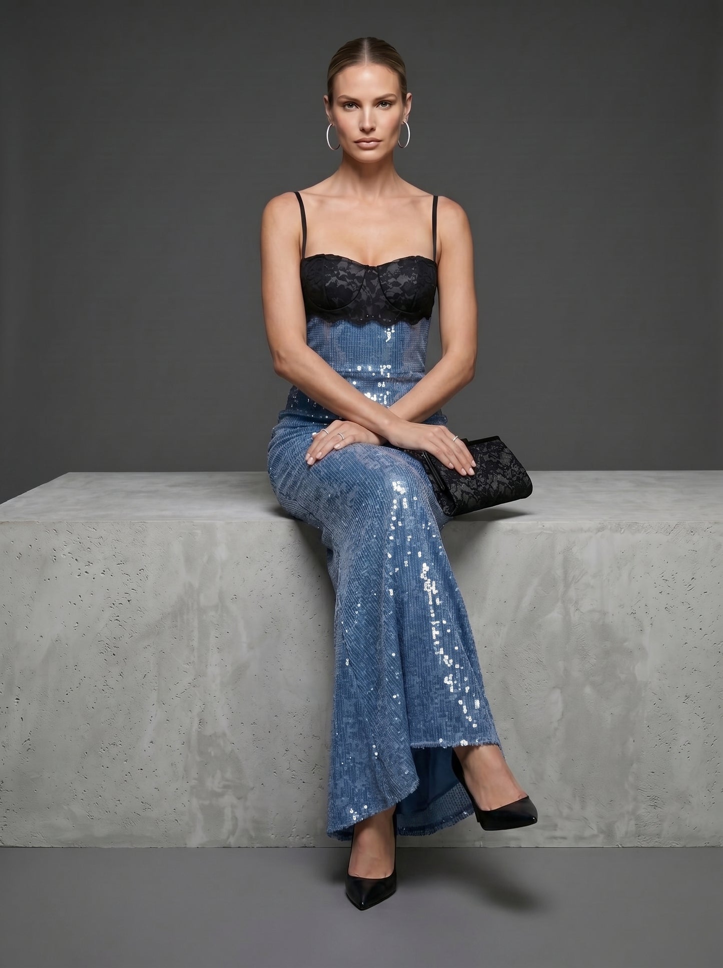 Ice Blue Sequin Gown with Black Lace Corset