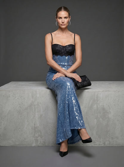 Ice Blue Sequin Gown with Black Lace Corset