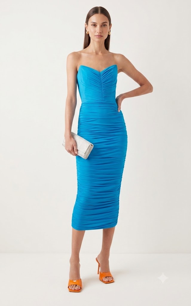 Strapless Ruched Bright Blue Bodycon Midi Dress