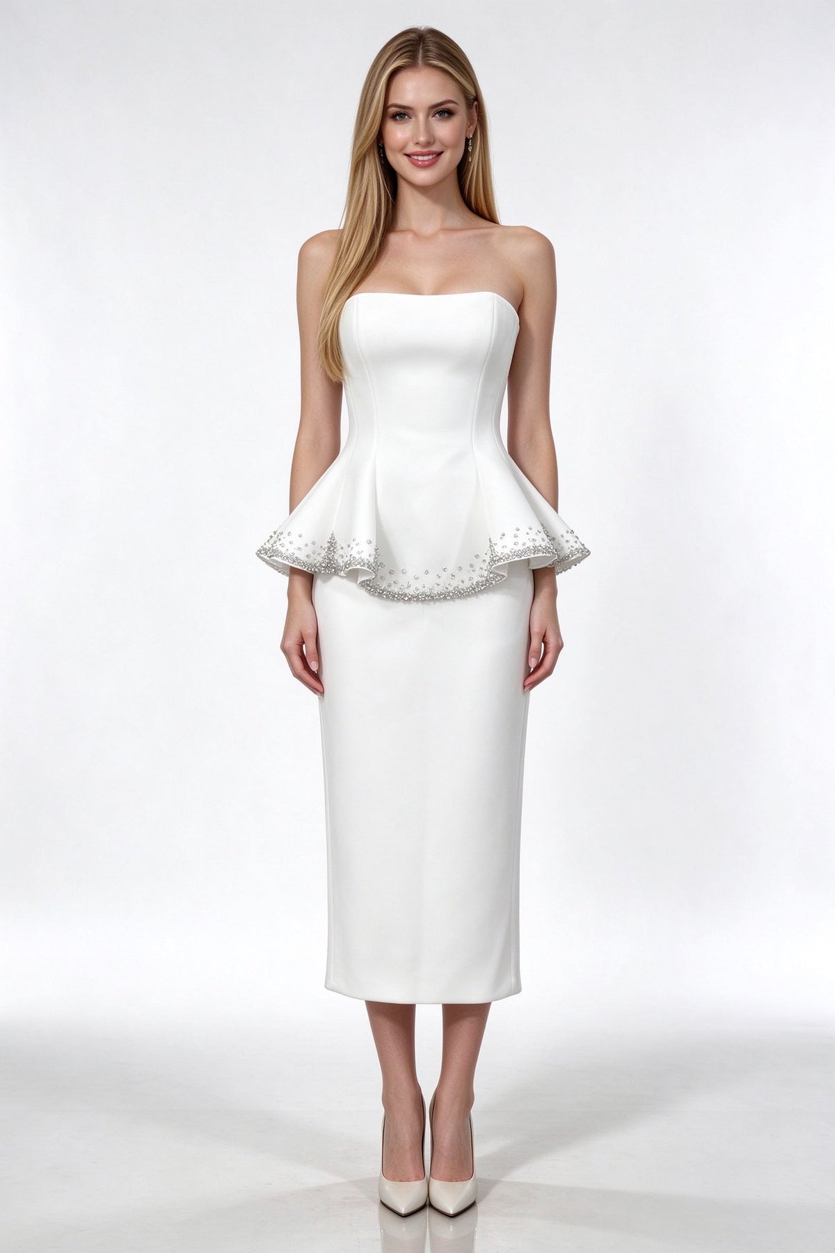 Ivory Rhinestone Trim Peplum Cocktail Dress