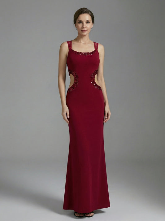 Elegant Burgundy Cut-Out Evening Gown with Sequin Accents