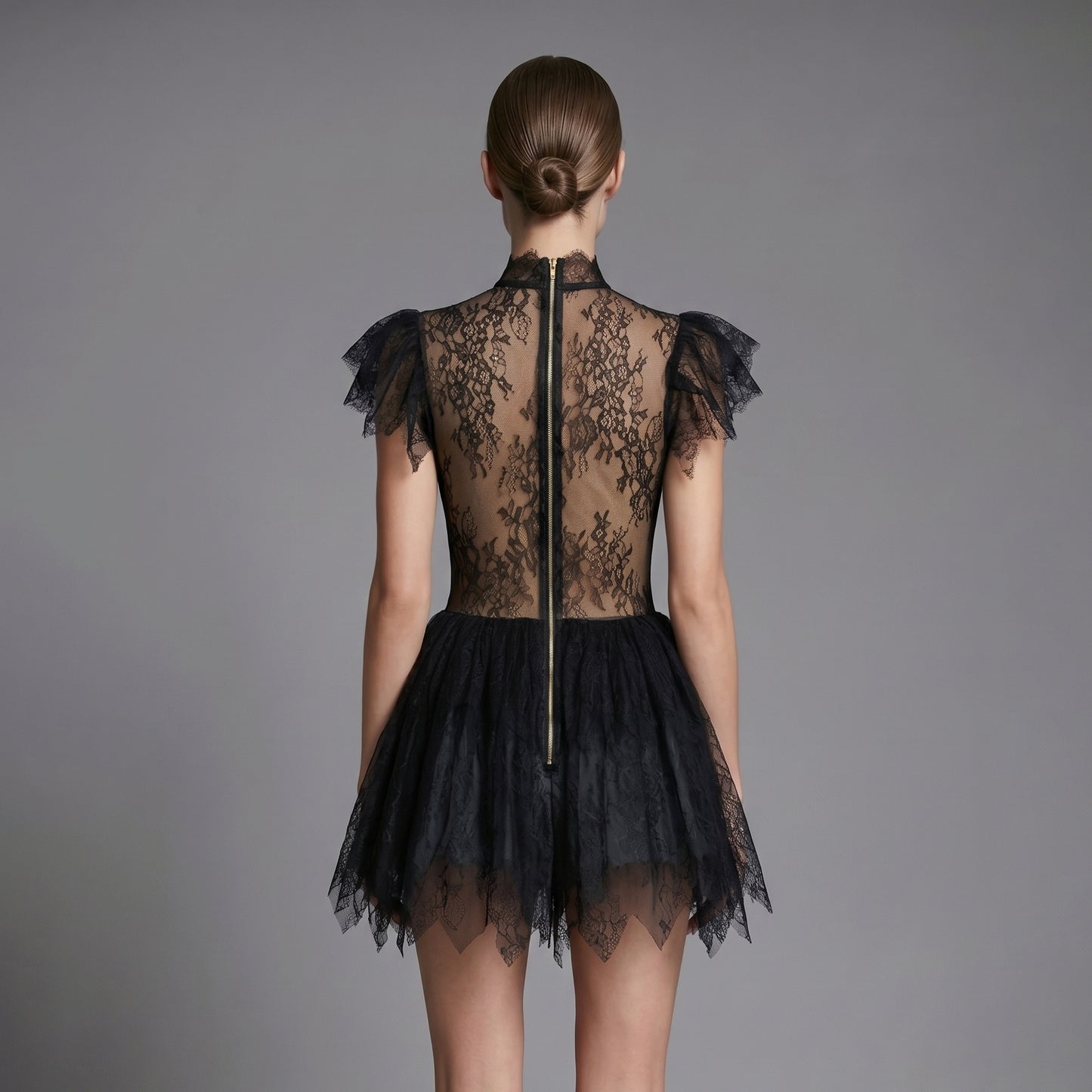 Elegant Black Lace Ruffle Detail Mini Dress