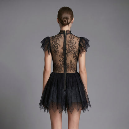 Elegant Black Lace Ruffle Detail Mini Dress