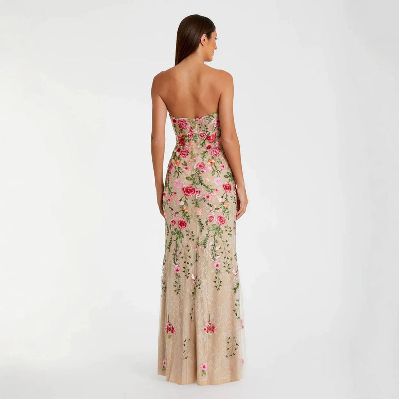 Strapless Sweetheart Floral Embroidered Nude Evening Gown