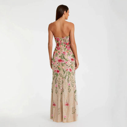 Strapless Sweetheart Floral Embroidered Nude Evening Gown