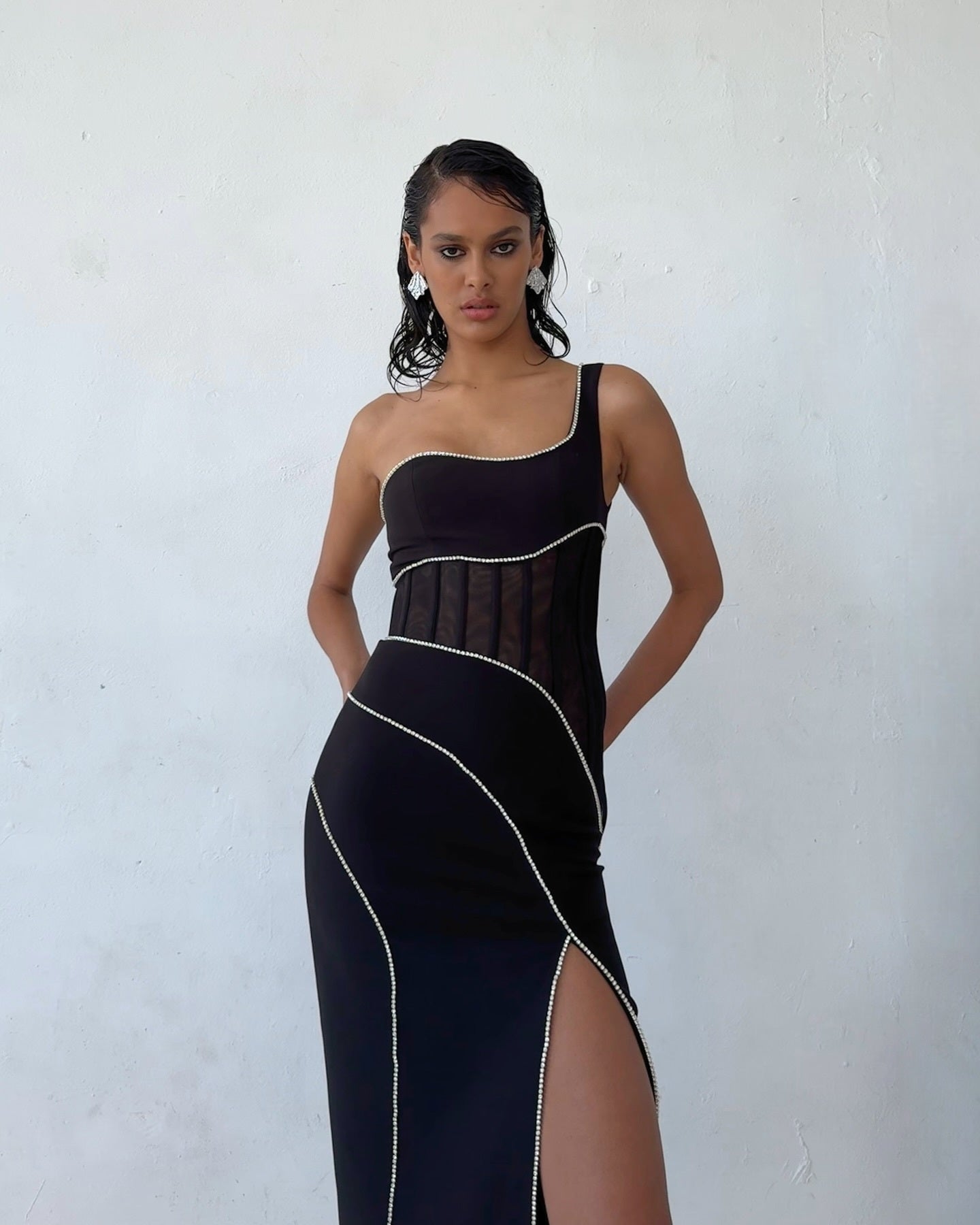 Elegant One-Shoulder Crystal-Trimmed Maxi Dress