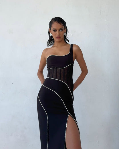 Elegant One-Shoulder Crystal-Trimmed Maxi Dress