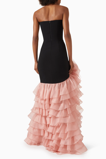Black Strapless Asymmetrical Gown with Blush Organza Rosette