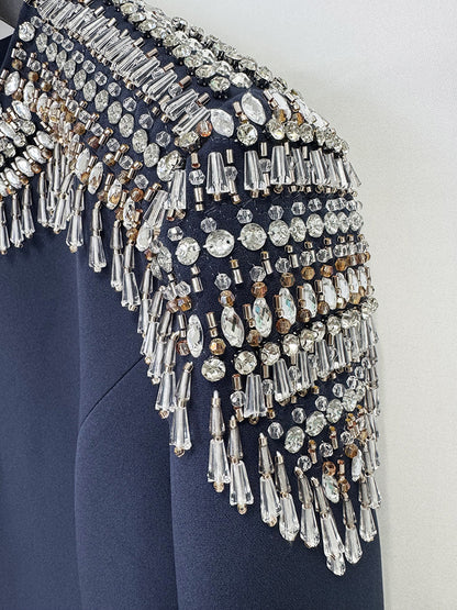 Embellished Epaulet Long-Sleeve Column Gown - Midnight Navy