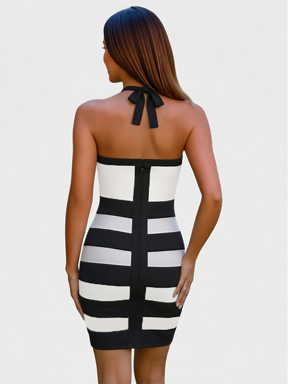 Graphic Colorblock Bandage Mini Dress - Onyx Black & Stark White
